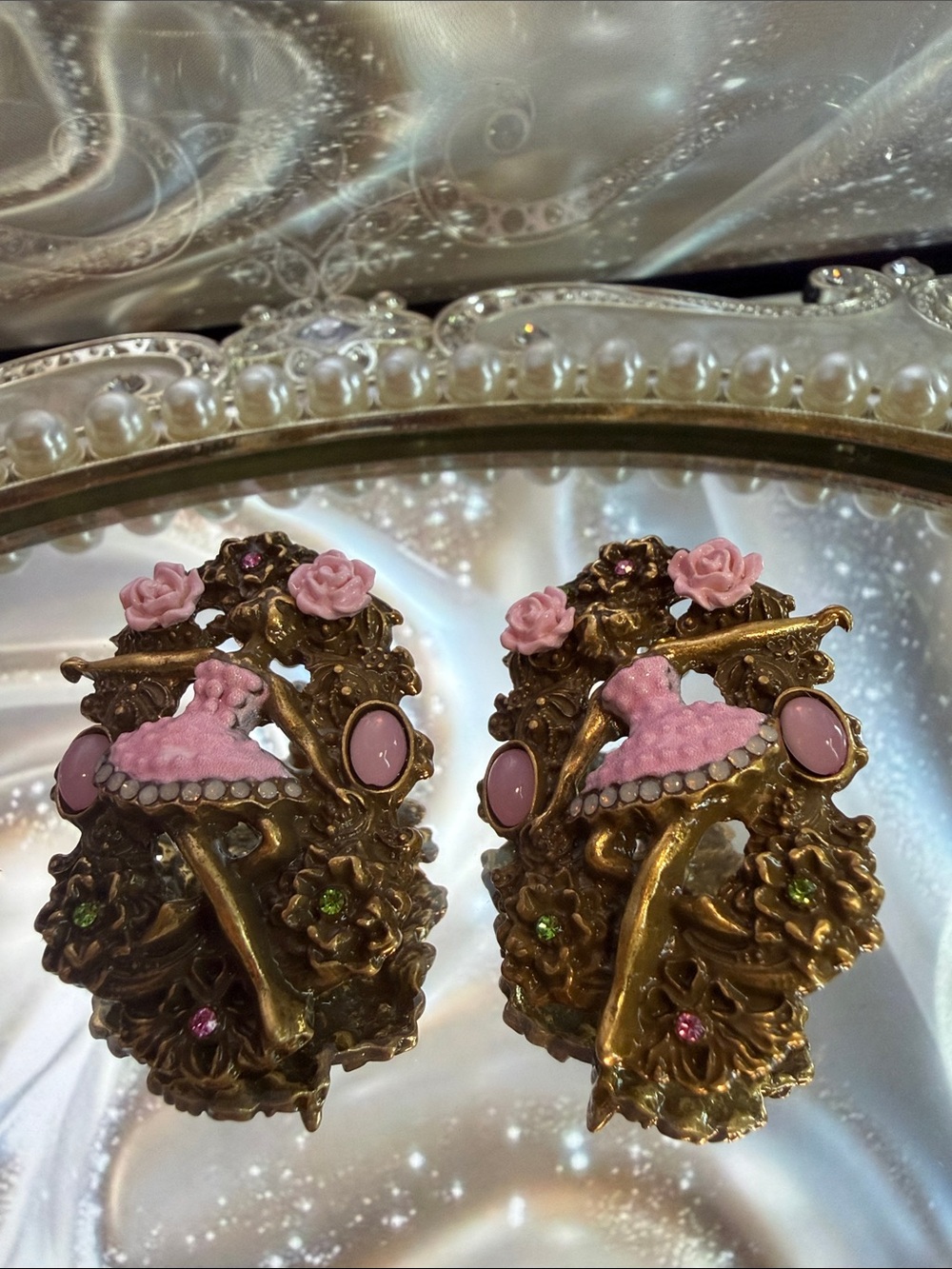 Ornate Pink & Gold Floral Clip Earrings